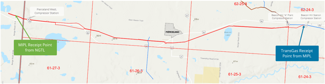 Map displaying MIPL Receipt Point from NGTL and TransGas Receipt Point from MIPL.