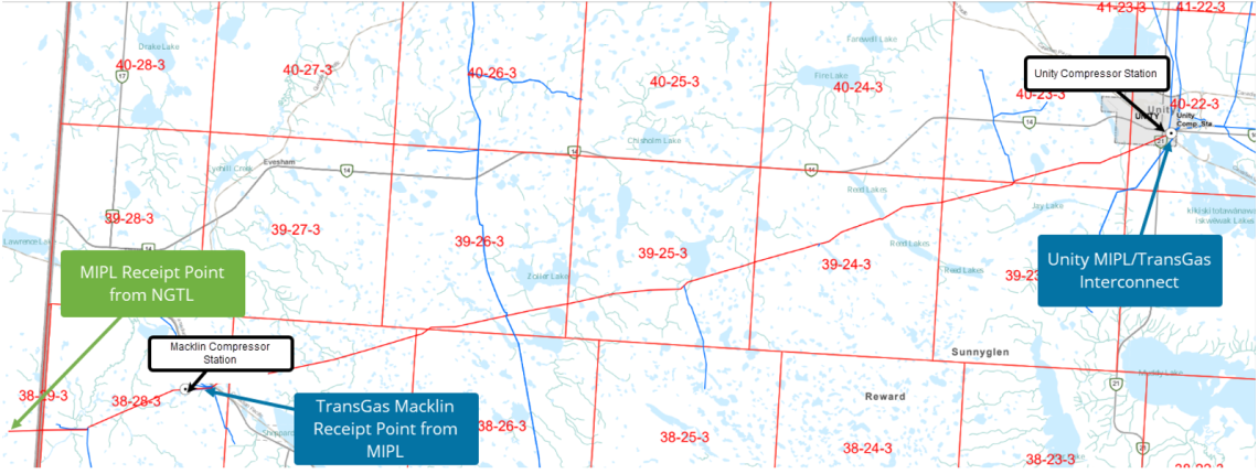 Map displaying TransGas Macklin Receipt Point from MIPL and Unity MIPL/TransGas Interconnect.